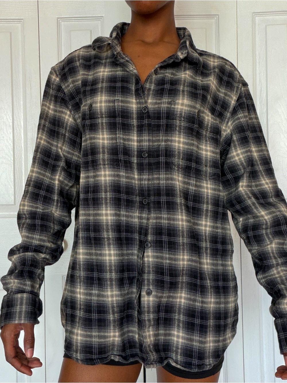 Men's Black & White Plaid Button-Up Shirt
